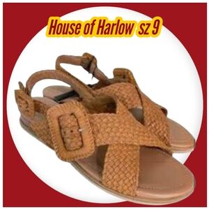 House of Harlow 1960 Woven Tan Woven Sling Back Leather Flat Sandals